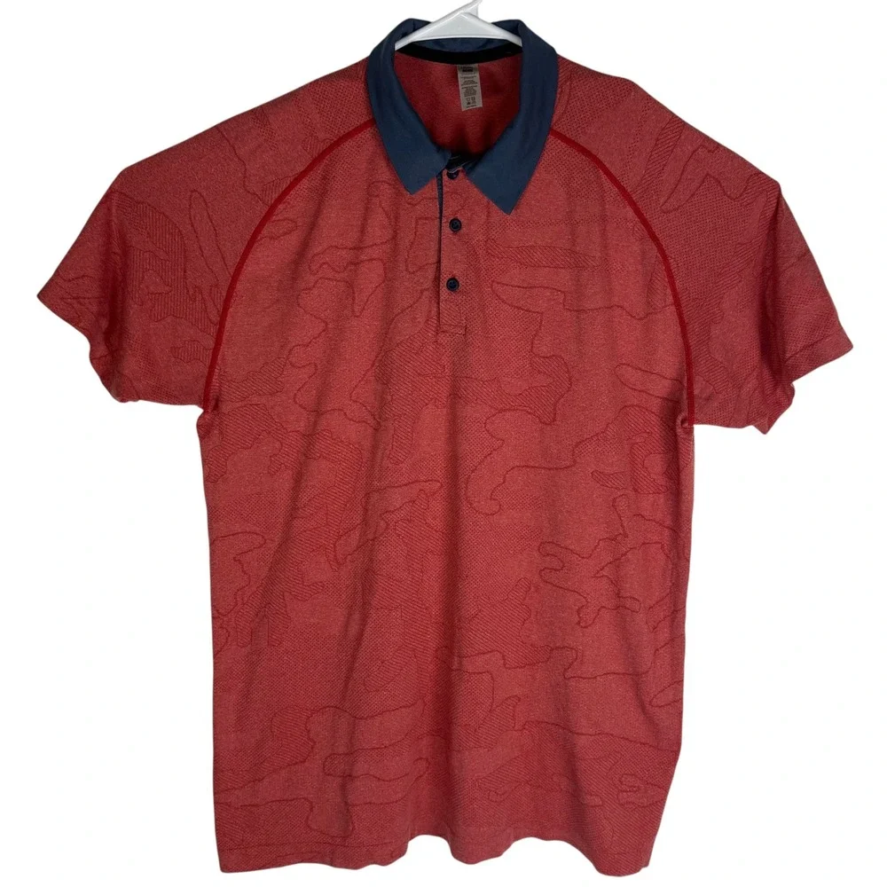 UNRL Golf Mens Red Camo Jacquard Polo Shirt Navy Collar Size Large L‎